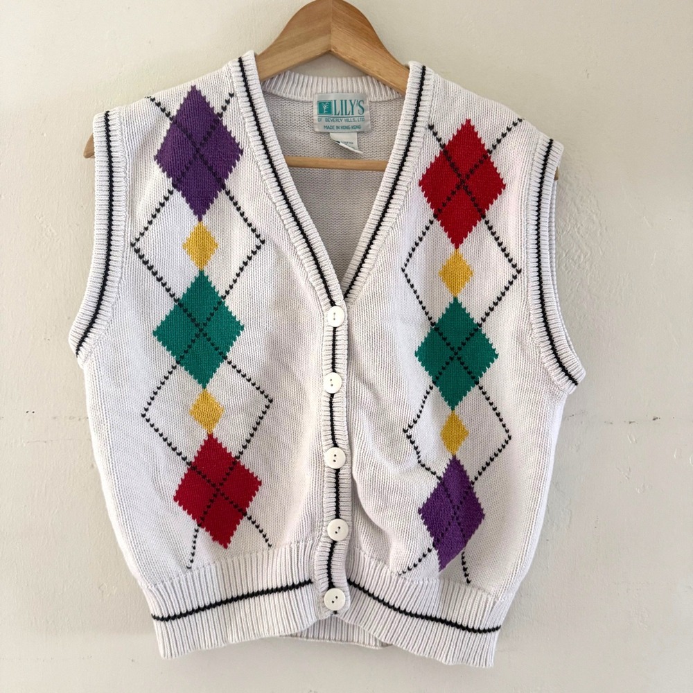 Lilys of Beverly Hills Vintage Argyle Knit Cardigan Vest White Cotton Womens M